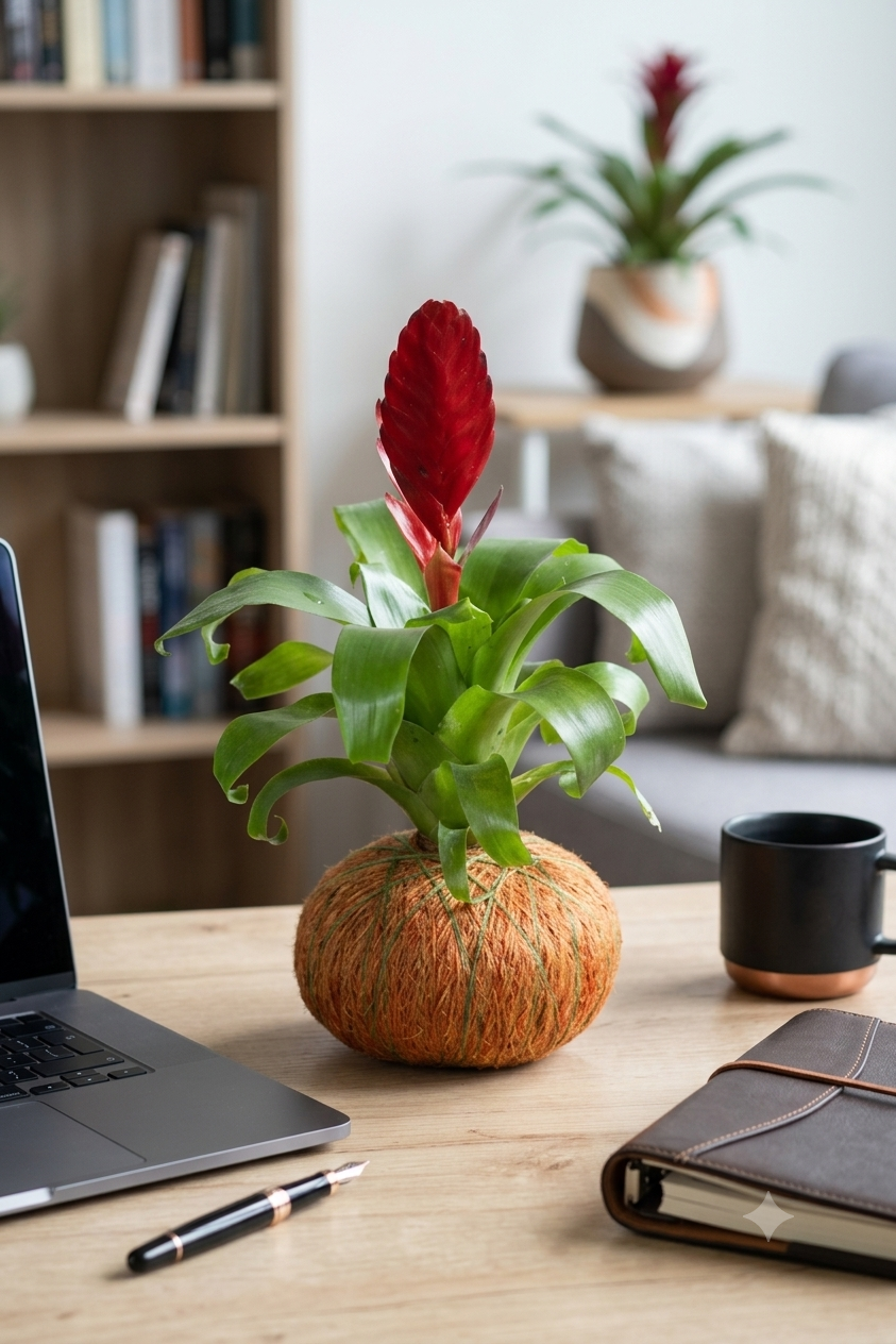 Kokedama de Bromelia – Exótico Color Tropical Hecho a Mano