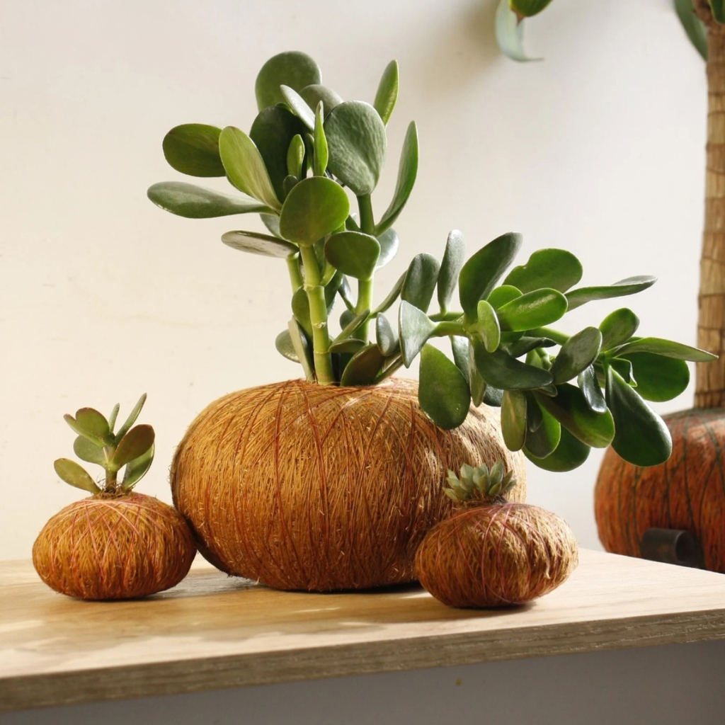 Combo Trío – Kokedama Jade Macho + 2 Suculentas Mini